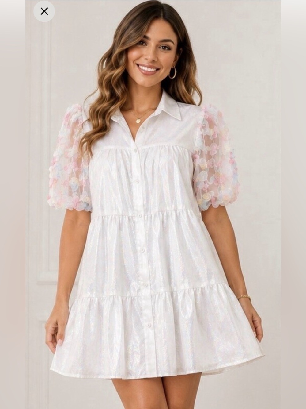 Peach Love California Dress M Iridescent 3D Floral Puff Sleeve Tiered Mini